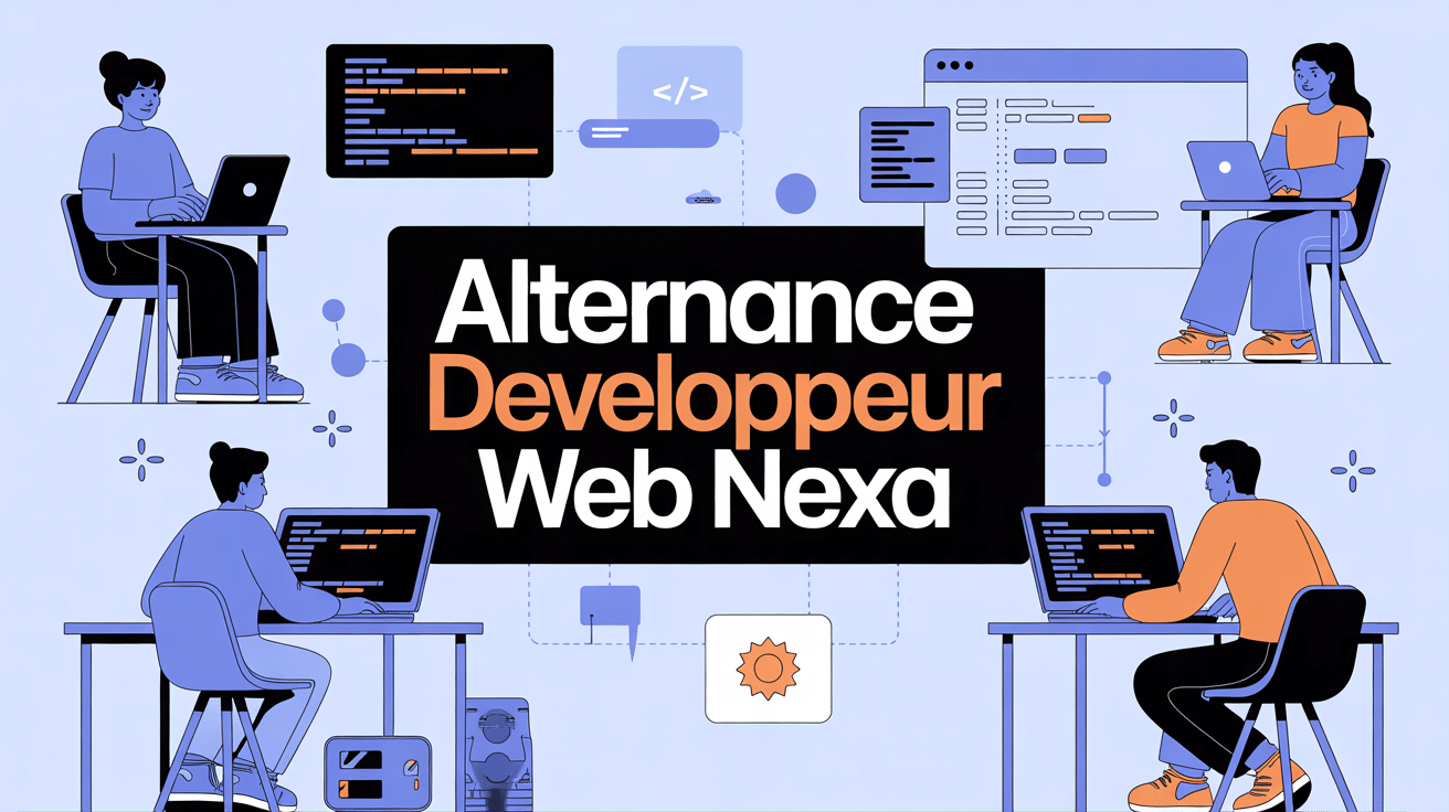 Scène d'alternance développeur web Nexa avec étudiants et codes sur écrans