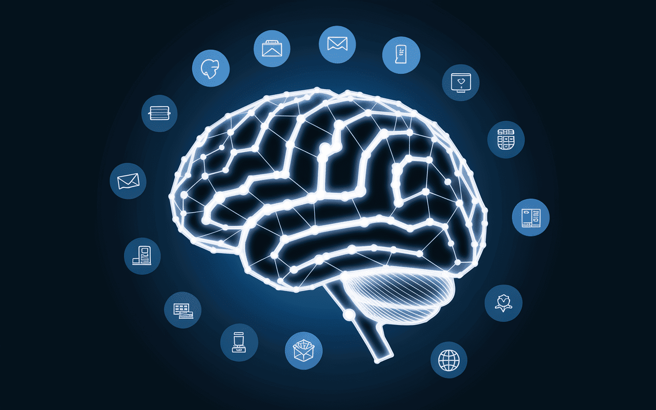Cerveau numérique Claude AI avec icônes de communication