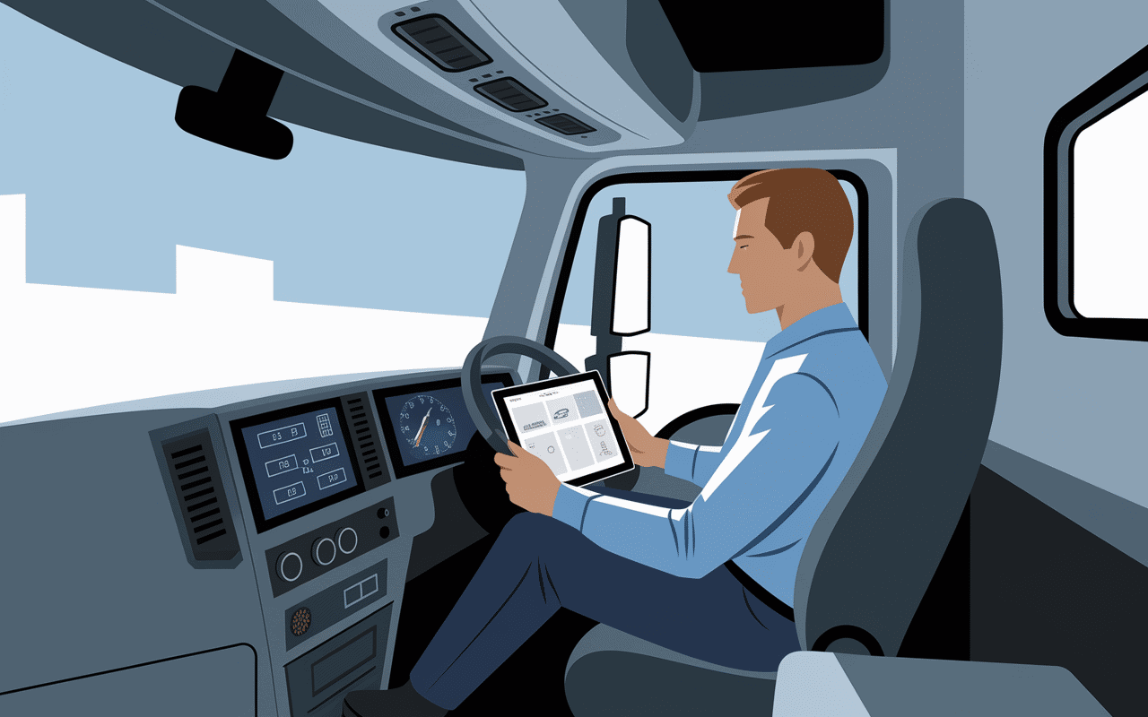 Conducteur utilisant tablette avec icones avantages hub pro transport
