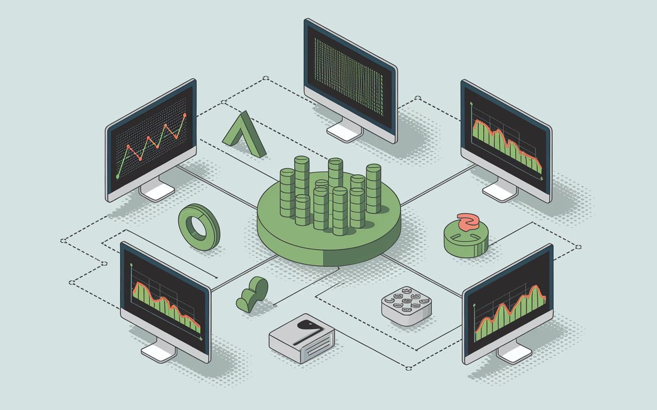 Illustration monitoring site web avec graphiques et ordinateurs connectés