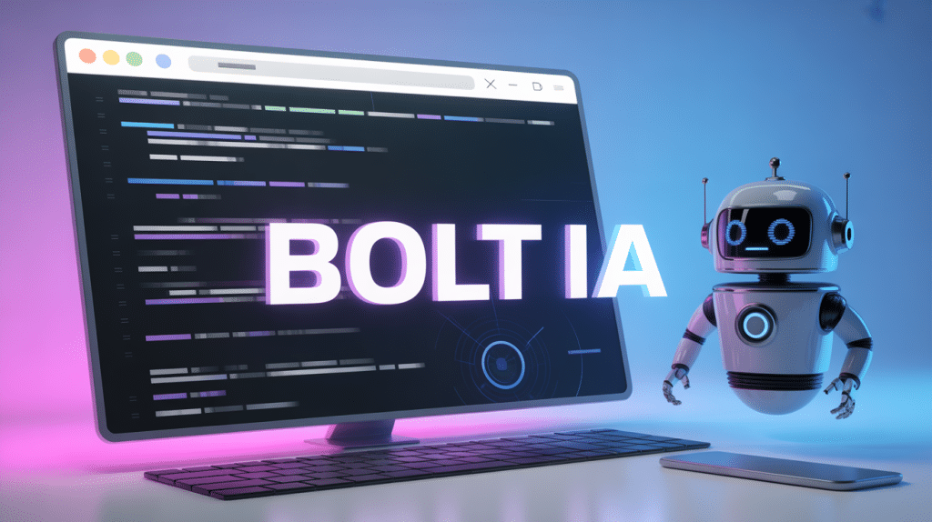 Interface futuriste Bolt IA avec code et robot