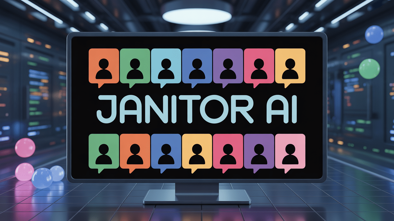 Interface futuriste de chatbots Janitor AI avec bulles de dialogue