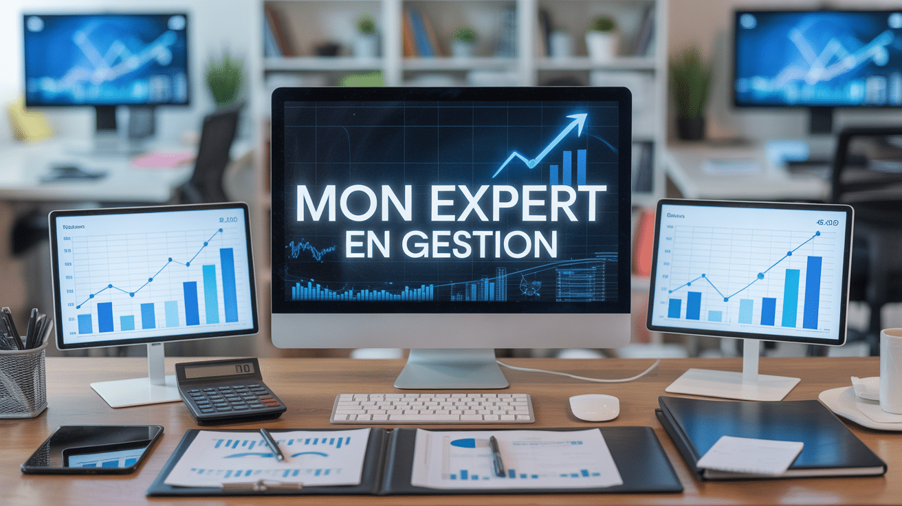 bureau moderne avec écrans graphiques et documents mon expert en gestion