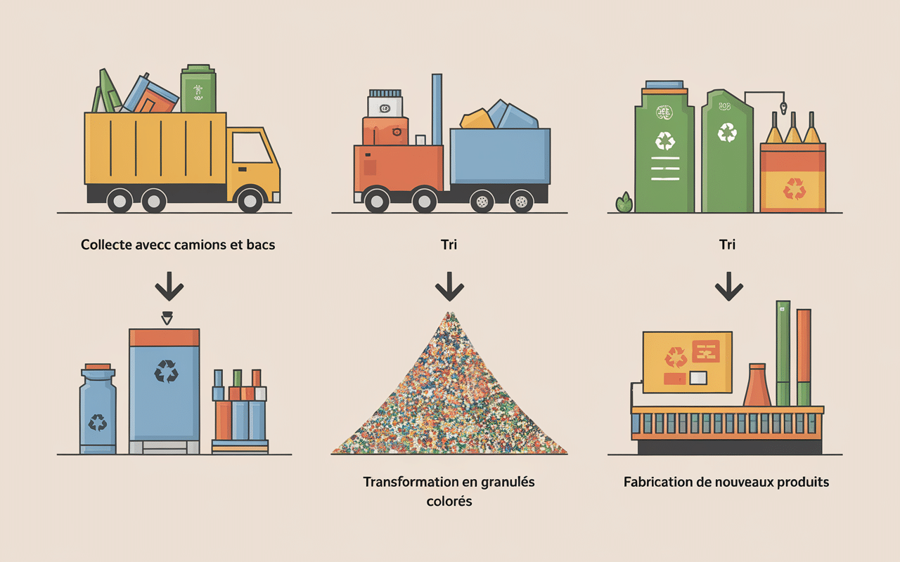 Schéma des 4 étapes du recyclage plastique