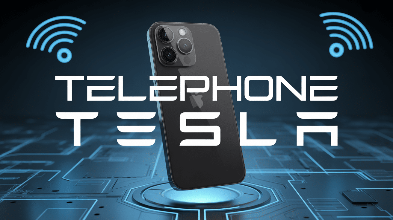 Smartphone Tesla futuriste noir sur fond technologique bleu
