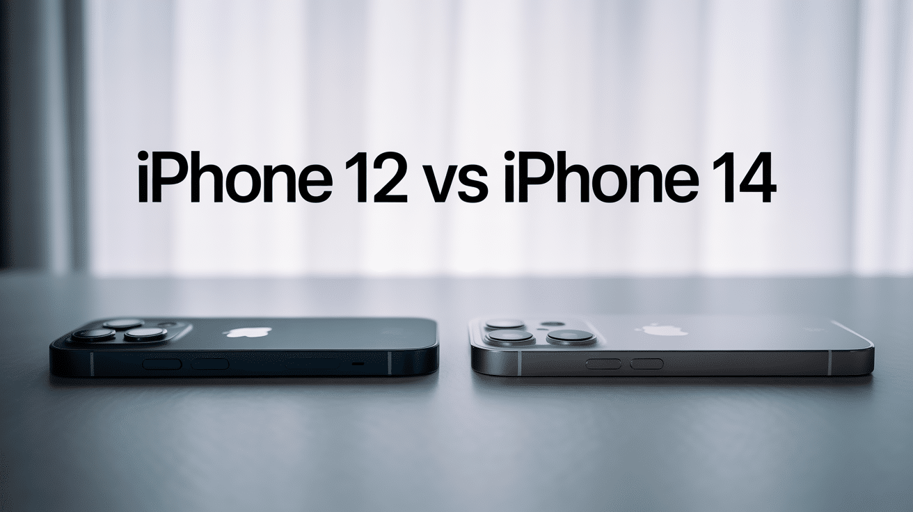 iphone 12 vs iphone 14 côte à côte sur fond blanc