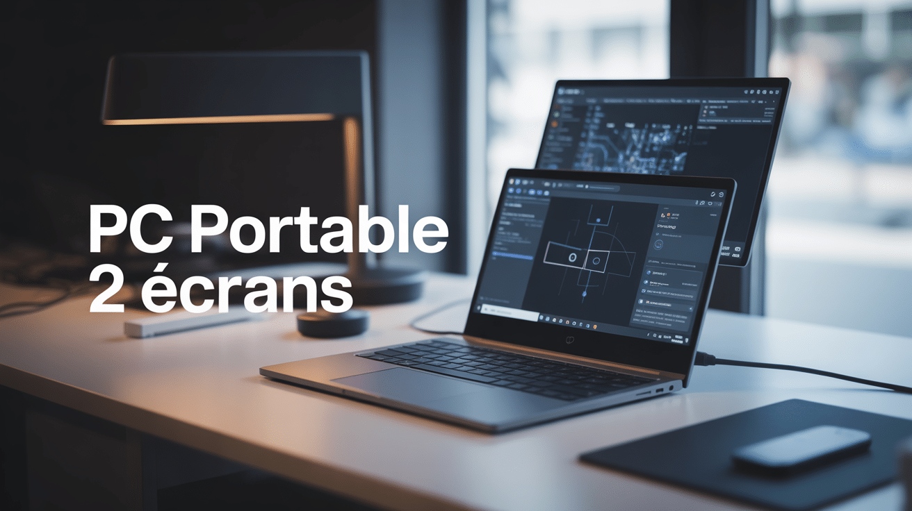 PC portable 2 ecrans ouvert sur bureau épuré