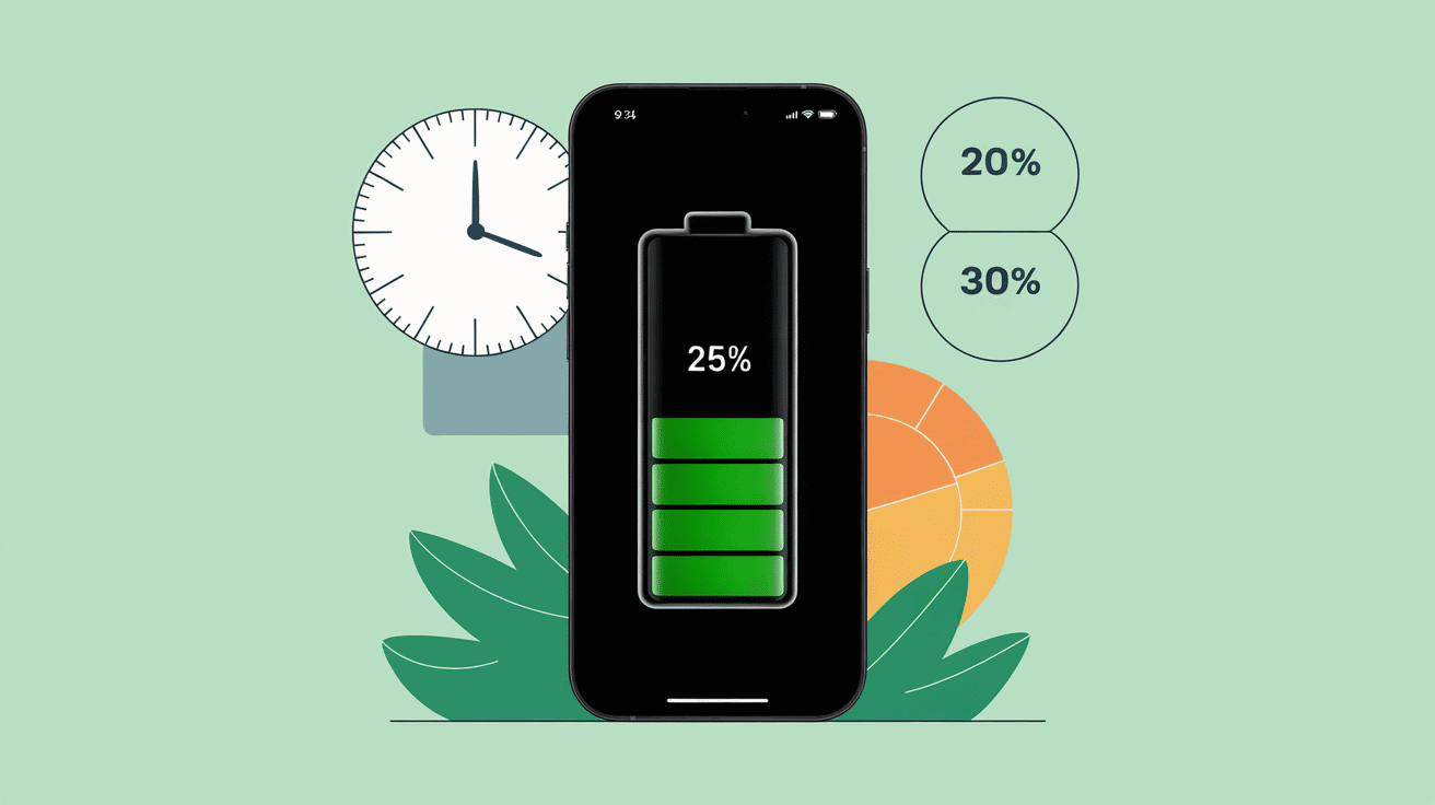 Quand recharger son iPhone, jauge à 25% et horloge