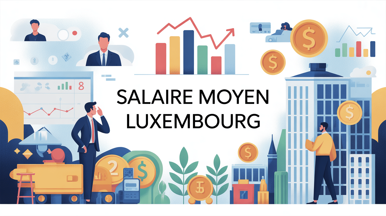 Illustration stylisée du luxembourg salaire moyen avec travailleurs et symboles financiers