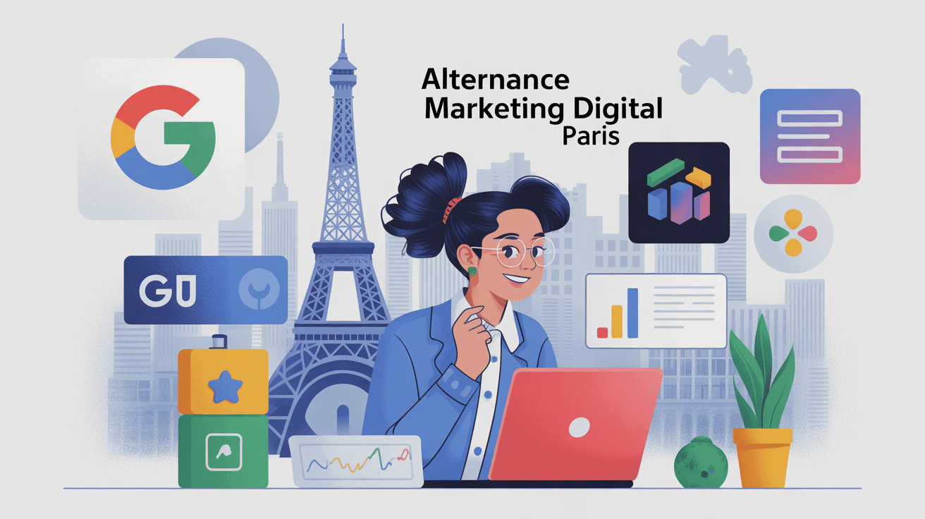 Alternance marketing digital Paris Nexa jeune personne et icônes digitaux