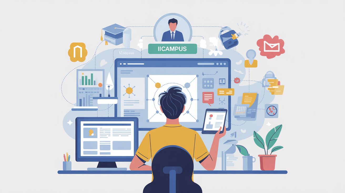 icampus illustration étudiant devant plateforme éducative