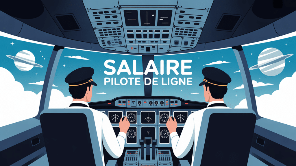 cockpit stylisé avec pilotes et titre salaire pilote de ligne