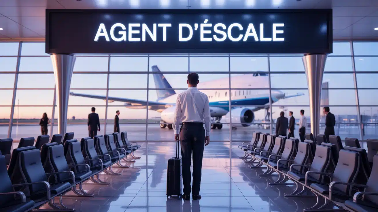 Agent d escale debout au comptoir en aéroport moderne
