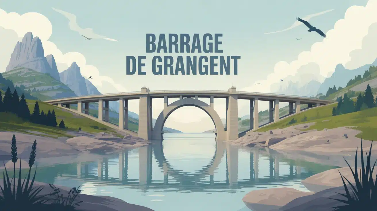 Barrage de Grangent au milieu d'un paysage naturel avec falaises et lac