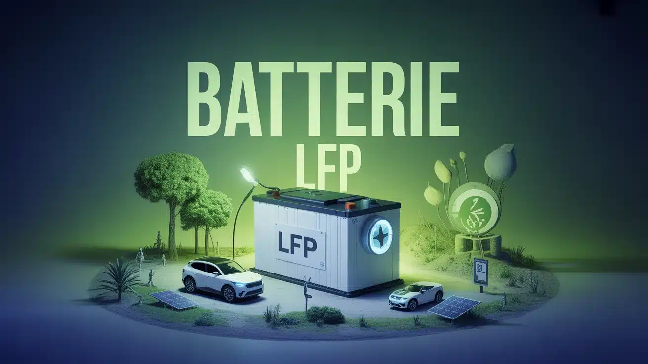 Illustration batterie LFP avec véhicules électriques et panneaux solaires