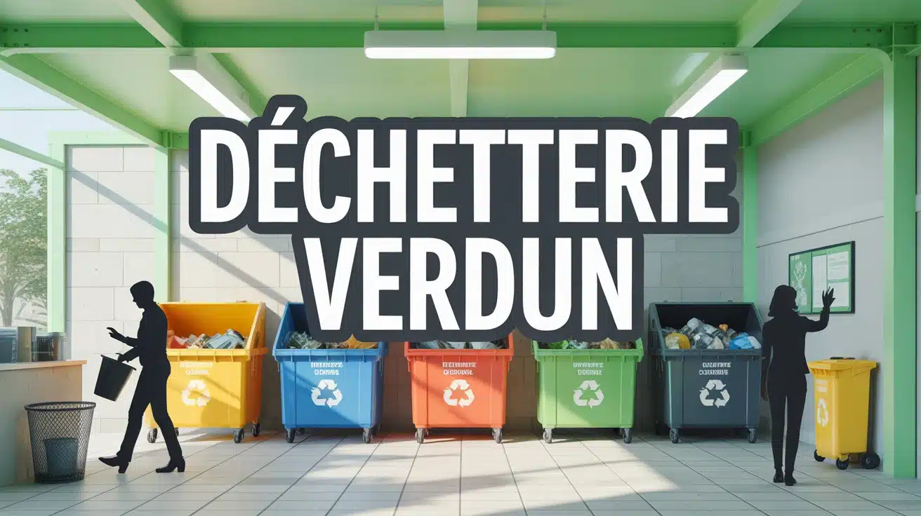 Illustration déchetterie Verdun avec bennes colorées et personnes