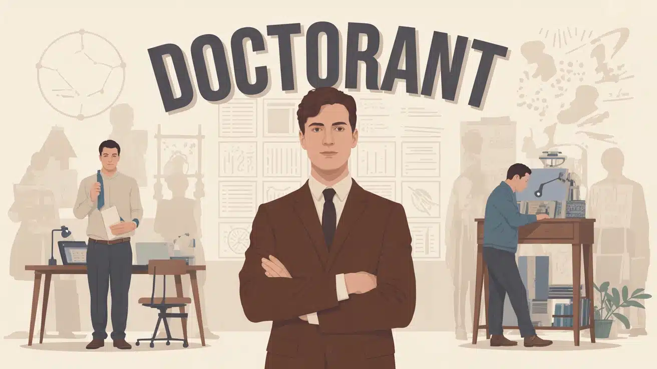 doctorant au centre avec symboles de recherche universite industrie