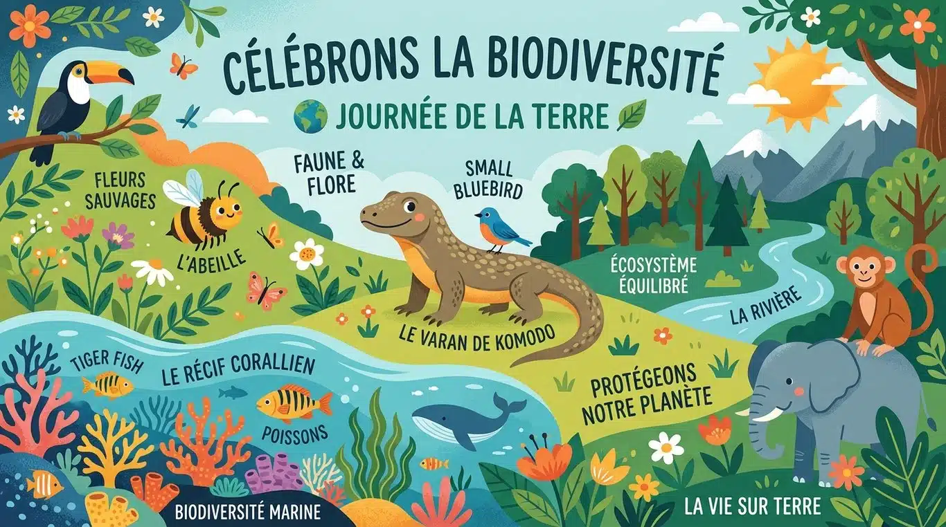 Illustration stylisée d'animaux représentant la biodiversité pour la Journée de la Terre