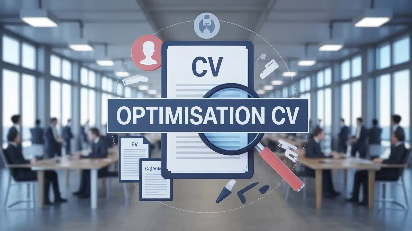 Illustration vectorielle optimisation CV avec CV, loupe et icônes administratives