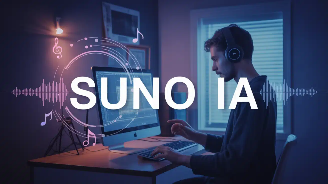 Illustration Suno IA création musicale avec ondes et notes