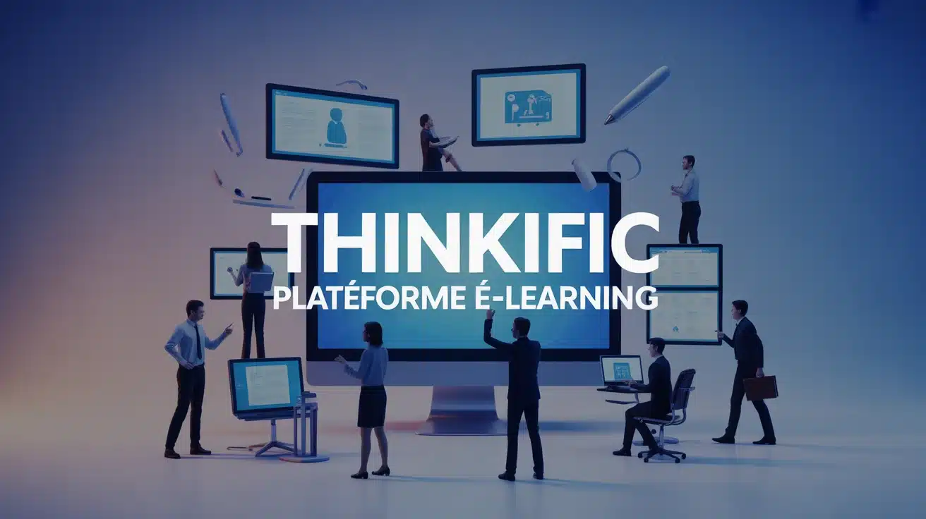 Illustration vectorielle Thinkific plateforme e-learning avec écrans et apprenants