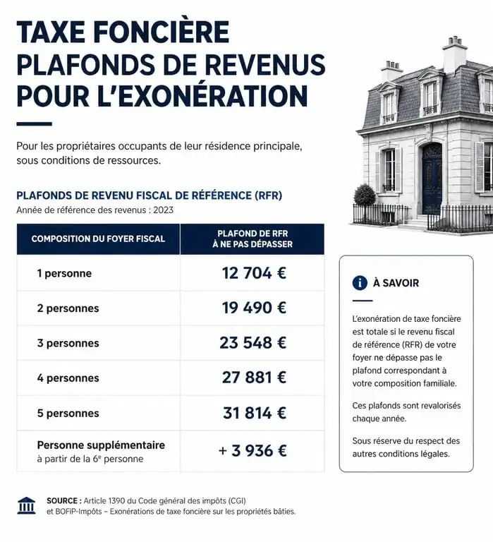 Infographie des plafonds de revenus pour l'exonération de la taxe foncière