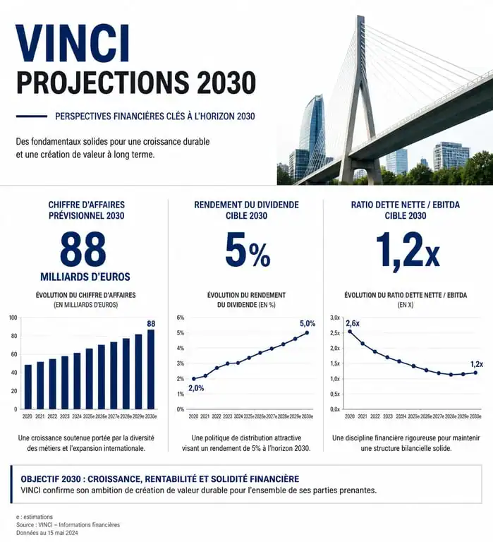 Infographie des prévisions financières de l'action Vinci pour 2030