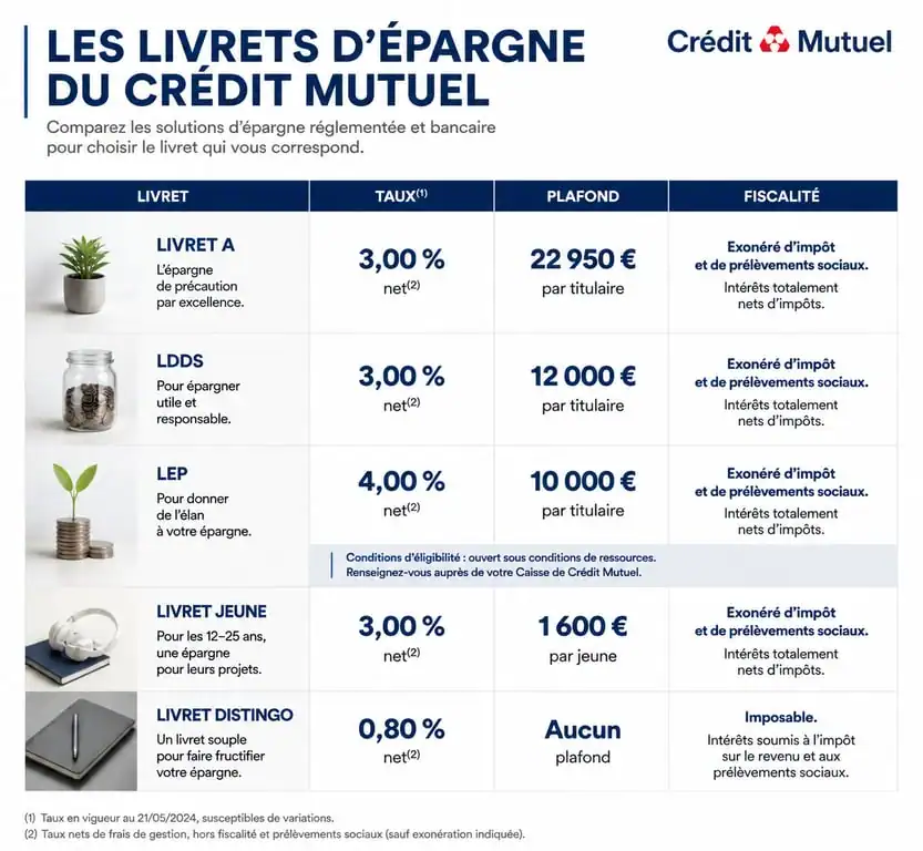 Tableau comparatif des livrets d'épargne Crédit Mutuel : LEP, Livret A, LDDS et Livret Jeune pour identifier celui qui rapporte le plus.