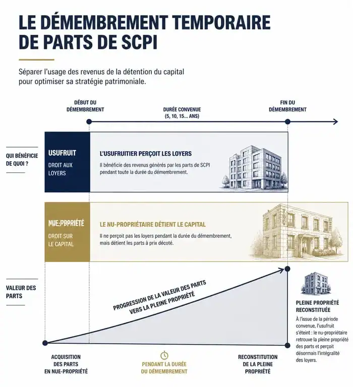Schéma explicatif du démembrement de SCPI en nue-propriété : mécanisme de récupération de la pleine propriété
