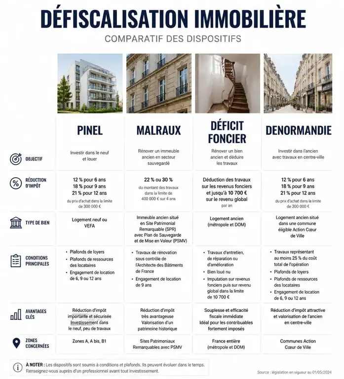 Comparatif des dispositifs de défiscalisation SCPI : Pinel, Malraux, Déficit Foncier et Denormandie