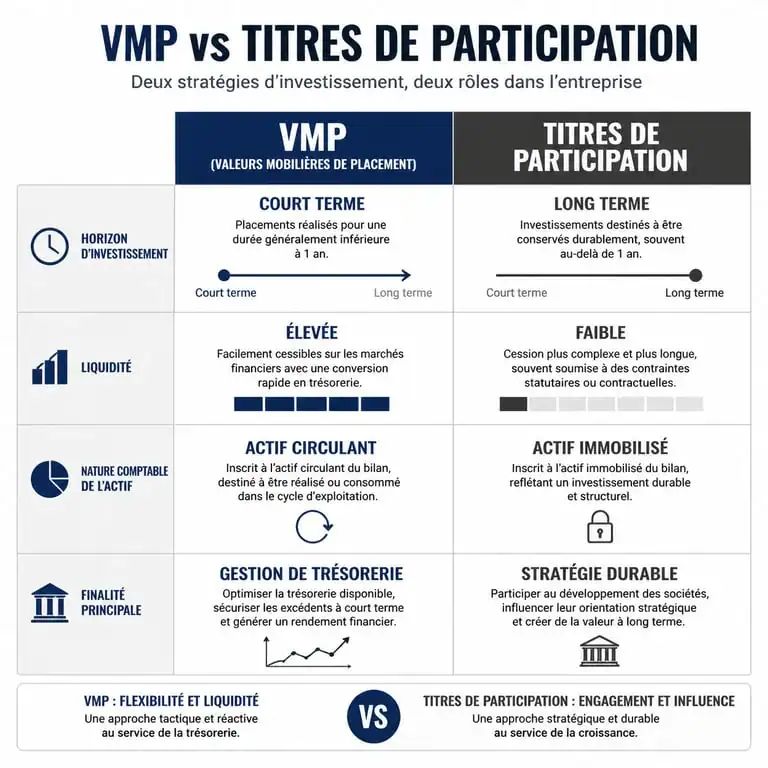 Infographie comparative entre les valeurs mobilières de placement et les titres de participation pour les entreprises