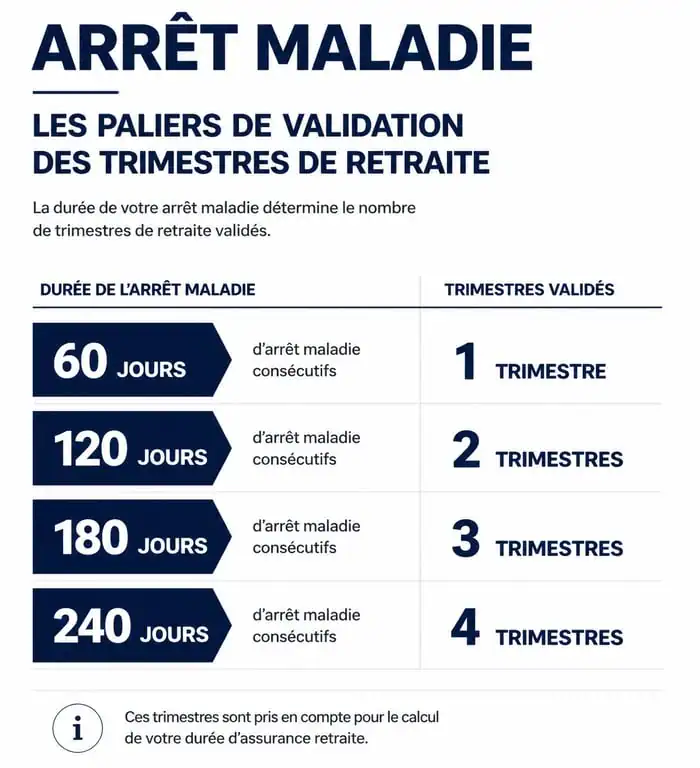 Infographie des paliers de validation des trimestres de retraite pendant un arrêt maladie