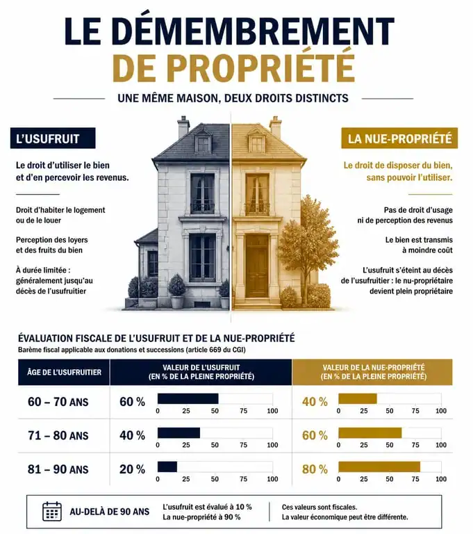 Infographie montrant l'évolution de la valeur fiscale de la nue-propriété selon l'âge du donateur pour une donation après 70 ans