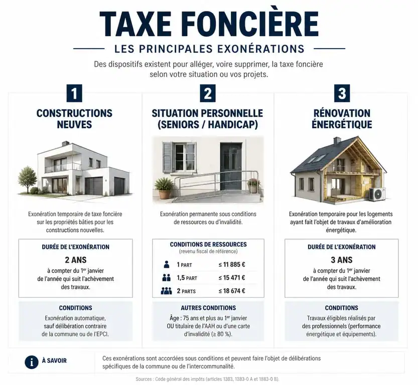 Infographie récapitulative des conditions d'exonération de la taxe foncière