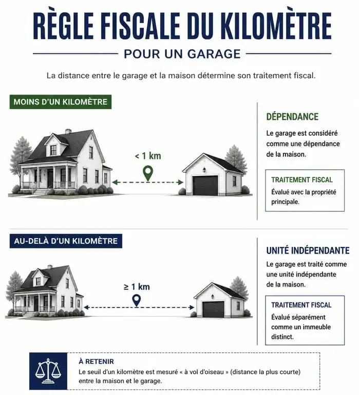 Infographie explicative de la règle du kilomètre pour la taxe foncière et garage