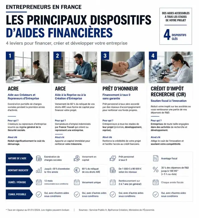 Infographie des aides financières pour entrepreneurs : ACRE, ARCE et prêts d'honneur