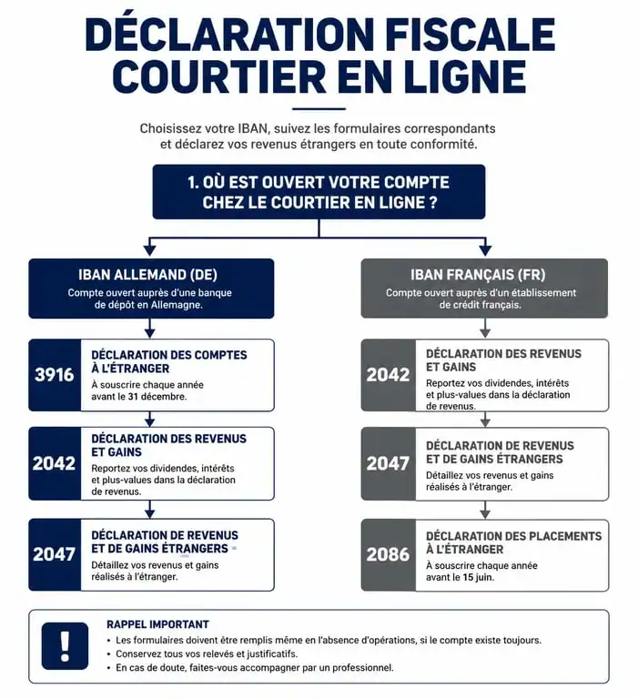Infographie récapitulative des étapes de déclaration fiscale pour Trade Republic et les formulaires impôts nécessaires