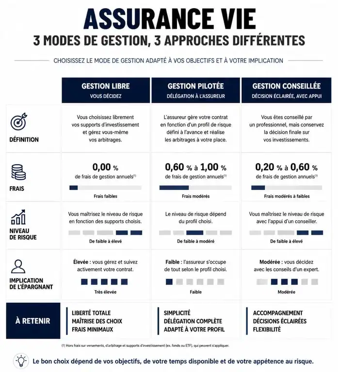 Comparatif des modes de gestion d'assurance vie : gestion libre, pilotée et conseillée