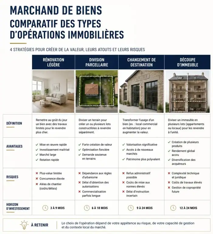 Tableau comparatif des opérations de marchand de biens : avantages et risques