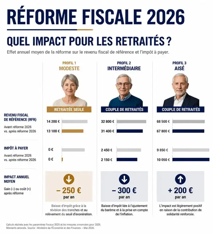 Infographie impact réforme fiscale 2026 retraités : comparaison des revenus fiscaux par profil