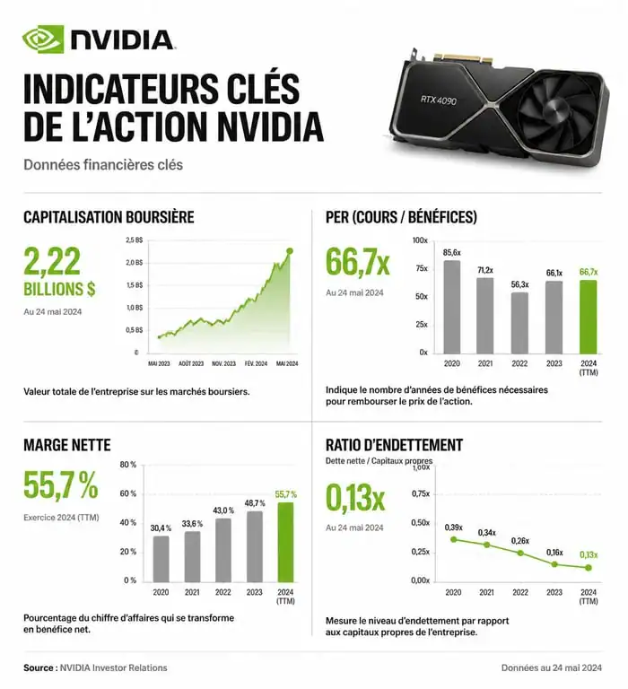 Indicateurs financiers clés de l'action Nvidia en bourse : capitalisation, PER et rentabilité.