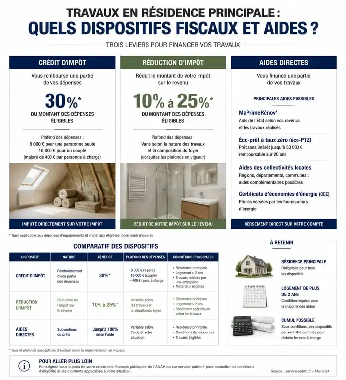 Infographie des dispositifs fiscaux et aides pour travaux en résidence principale 2024
