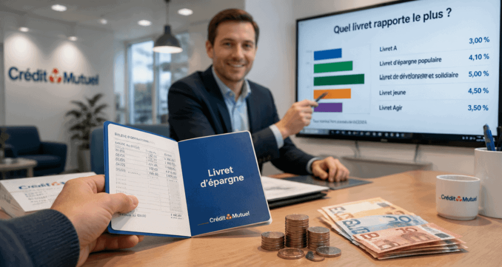 livret qui rapporte le plus crédit mutuel sur bureau avec euros et graphique taux