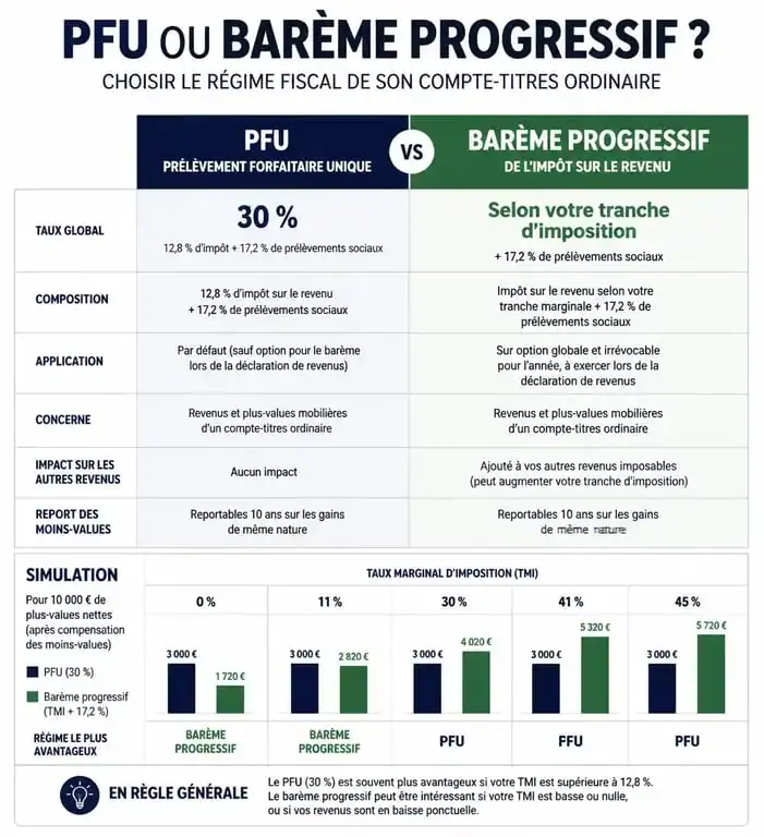 Infographie comparative de la fiscalité du compte-titres ordinaire (CTO) : PFU contre barème progressif.