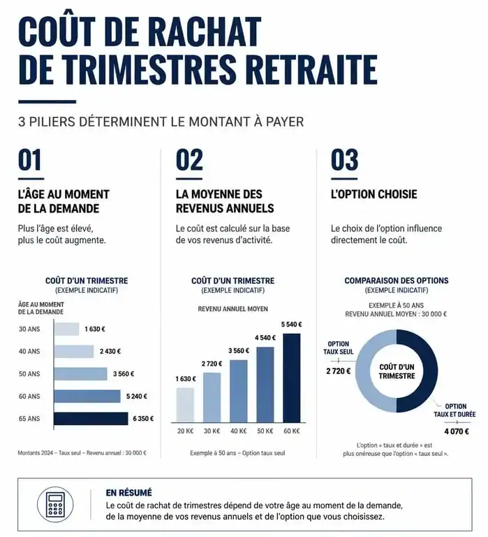 Infographie expliquant les critères déterminant le prix de rachat de trimestre retraite