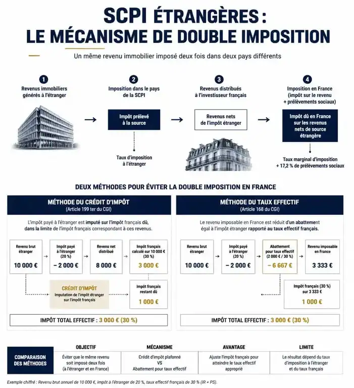 Infographie sur la fiscalité des SCPI étrangères et les méthodes d'imposition