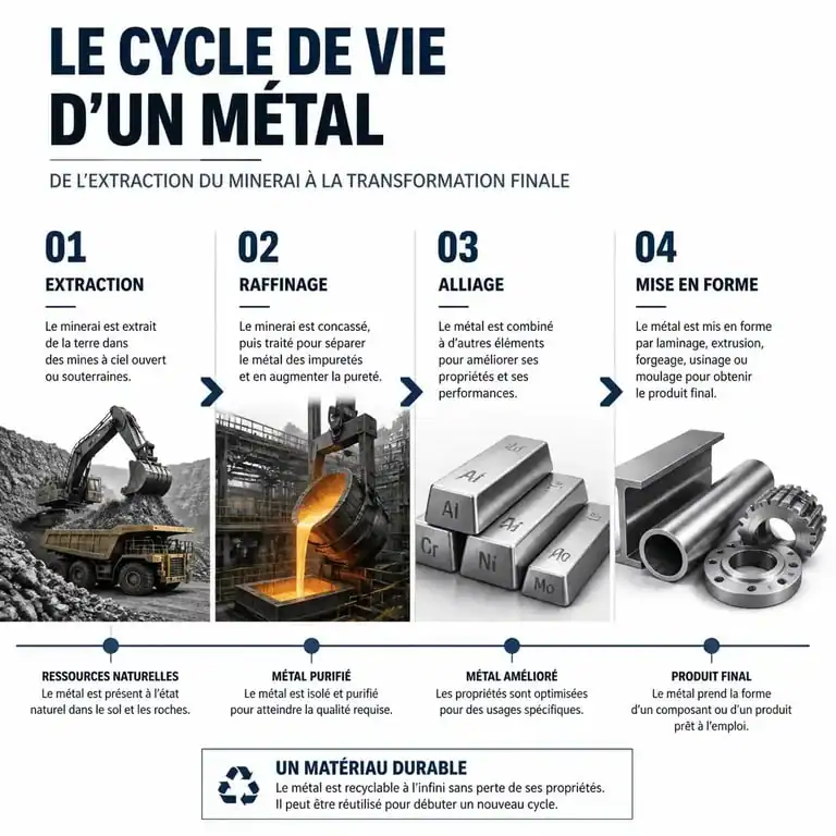 Schéma du cycle de vie de la métallurgie : de l'extraction du minerai à la transformation industrielle