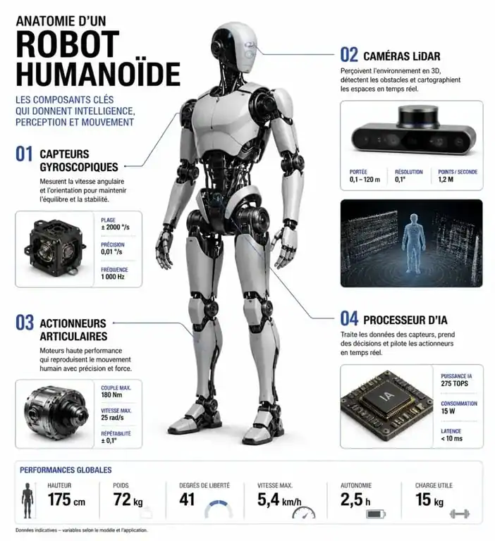 Schéma technique des composants d'un robot humanoïde illustrant l'humain robotique