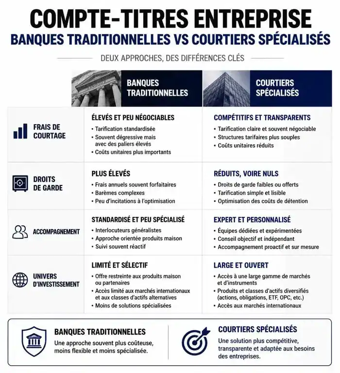 Infographie comparative des solutions pour ouvrir un compte-titres entreprise