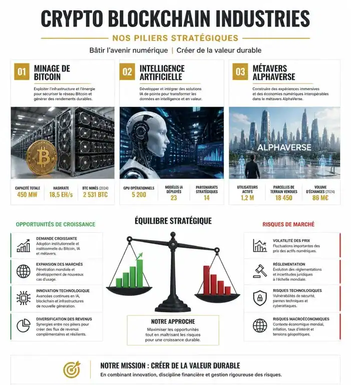 Infographie des piliers stratégiques et risques d'investissement dans Crypto Blockchain Industries CBI